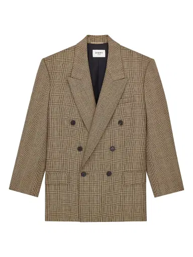 Saint Laurent Women's Double-Breasted Jacket in Prince of Wales Puppytooth Wool - Beige Marron Marine - Size 6 | Thumbnail 1