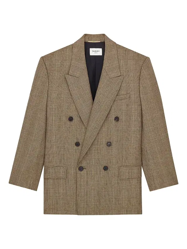 Saint Laurent Women's Double-Breasted Jacket in Prince of Wales Puppytooth Wool - Beige Marron Marine