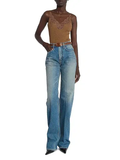 Saint Laurent Women's Laced Tank Top in Ribbed Silk Jersey - Caramel | Thumbnail 2 Saint Laurent Women's Laced Tank Top in Ribbed Silk Jersey - Caramel | Thumbnail 2