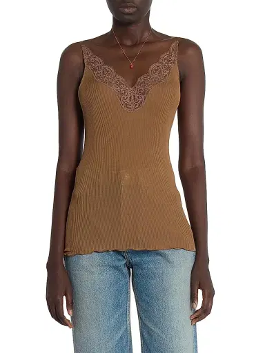 Saint Laurent Women's Laced Tank Top in Ribbed Silk Jersey - Caramel | Thumbnail 4 Saint Laurent Women's Laced Tank Top in Ribbed Silk Jersey - Caramel | Thumbnail 4
