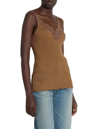 Saint Laurent Women's Laced Tank Top in Ribbed Silk Jersey - Caramel | Thumbnail 5 Saint Laurent Women's Laced Tank Top in Ribbed Silk Jersey - Caramel | Thumbnail 5