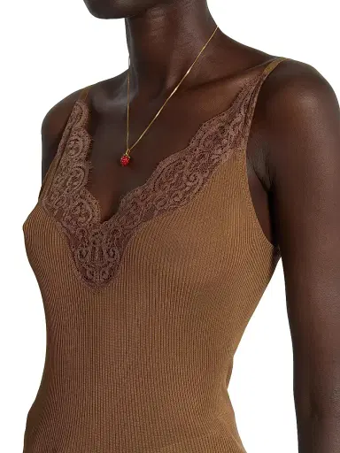 Saint Laurent Women's Laced Tank Top in Ribbed Silk Jersey - Caramel | Thumbnail 6 Saint Laurent Women's Laced Tank Top in Ribbed Silk Jersey - Caramel | Thumbnail 6