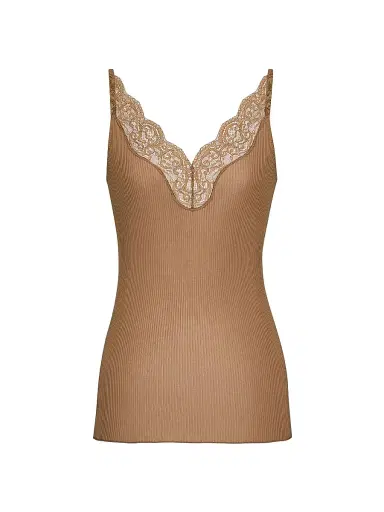 Saint Laurent Women's Laced Tank Top in Ribbed Silk Jersey - Caramel | Thumbnail 1 Saint Laurent Women's Laced Tank Top in Ribbed Silk Jersey - Caramel | Thumbnail 1