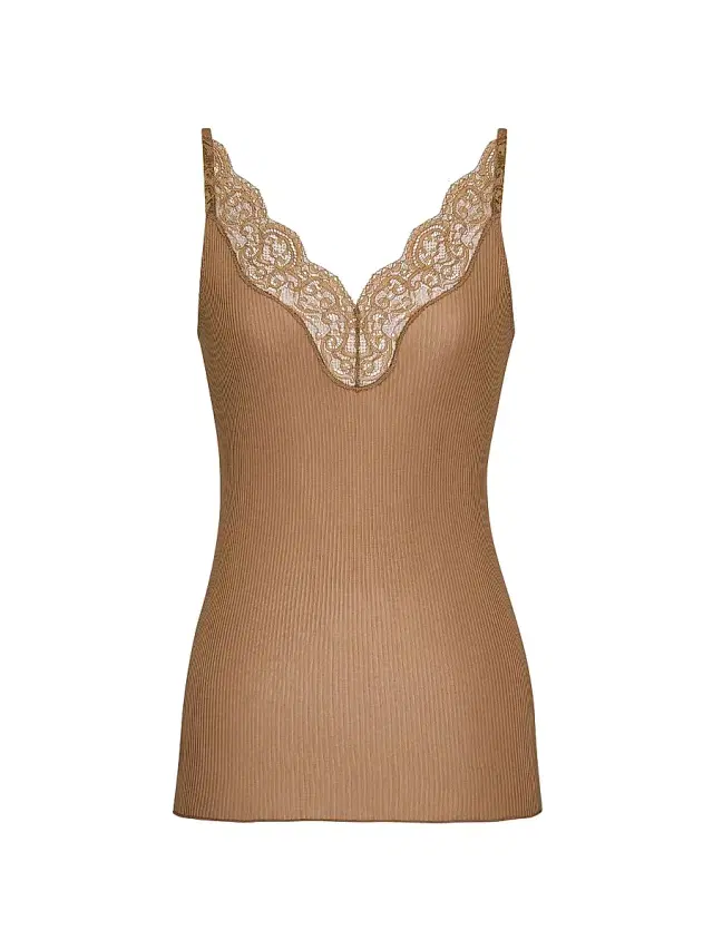 Saint Laurent Women's Laced Tank Top in Ribbed Silk Jersey - Caramel