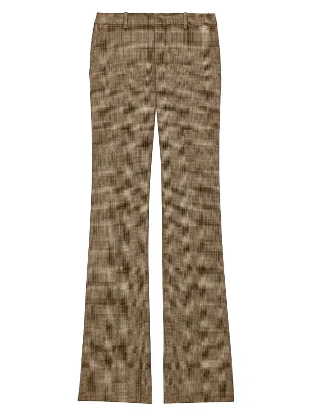 Saint Laurent Women's Flared Pants in Puppytooth Prince of Wales Wool - Beige Marron Marine