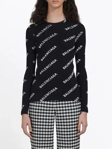 Balenciaga Women's Allover Logo Crewneck Sweater - Black White - Size Medium | Thumbnail 4