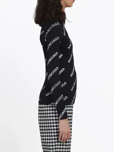 Balenciaga Women's Allover Logo Crewneck Sweater - Black White - Size Medium | Thumbnail 5