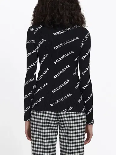Balenciaga Women's Allover Logo Crewneck Sweater - Black White - Size Medium | Thumbnail 6