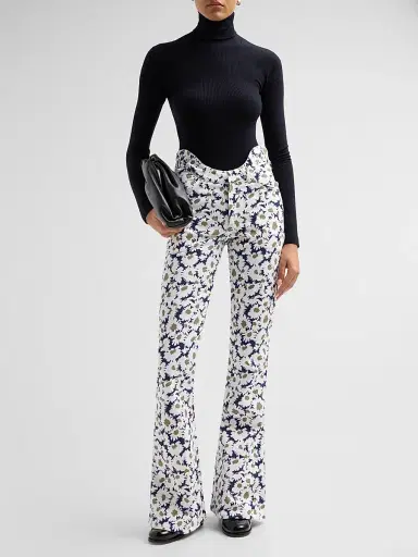 Jean Paul Gaultier Women's Flower Print Curved-Waist Flared Jeans - Navy White | Thumbnail 2