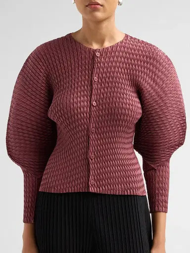 Issey Miyake Women's Sleek Pleats Cardigan - Burgundy - Size 2 | Thumbnail 5