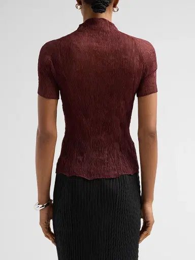 Issey Miyake Women's Chiffon Twist Rib-Knit Top - Burgundy - Size Small | Thumbnail 3
