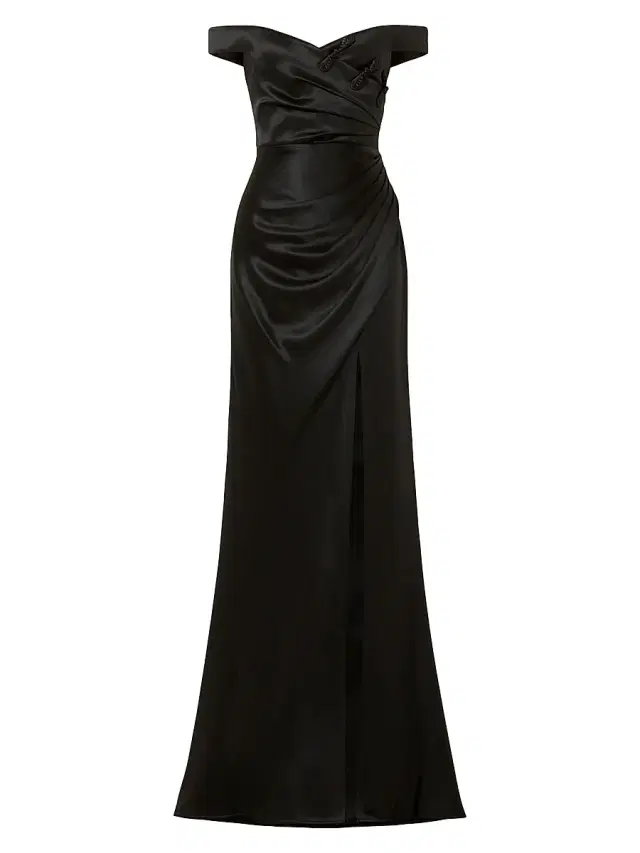 Sau Lee Women's Paulina Ruched Satin Off-The-Shoulder Gown - Black