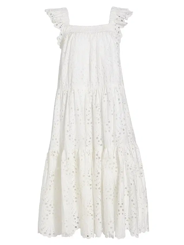 Charina Sarte Women's L'Amour Eyelet Flutter-Sleeve Midi-Dress - White Cotton Broderie Anglaise