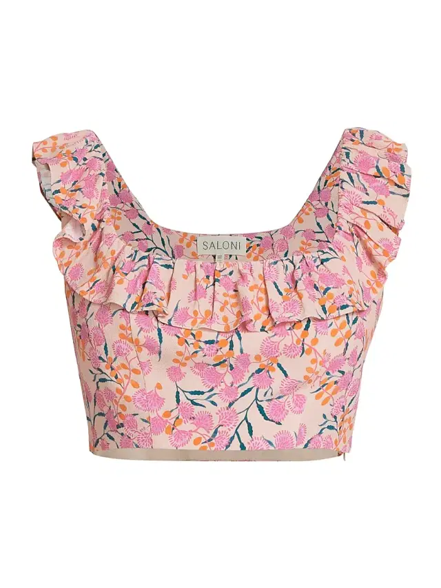 Saloni Women's Trish Floral Crepe Ruffled Crop Top - Samphire Coral