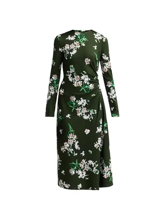 Erdem Women's Floral Ponte Long-Sleeve Midi Dress - Painted Orchid Forest Green
