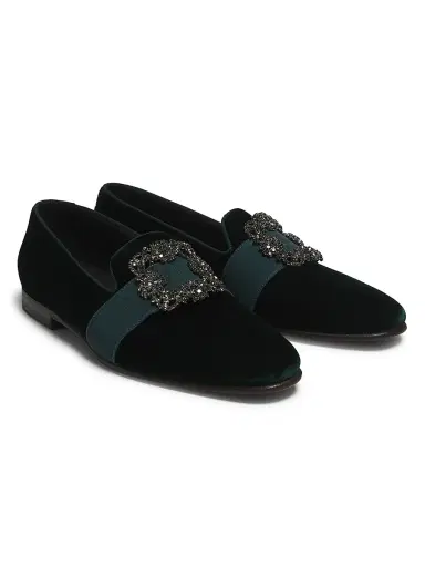 Manolo Blahnik Men's Carlton Crystal-Buckle Loafers - Dark Green Velvet - Size 8.5 | Thumbnail 2