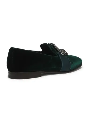 Manolo Blahnik Men's Carlton Crystal-Buckle Loafers - Dark Green Velvet - Size 8.5 | Thumbnail 3
