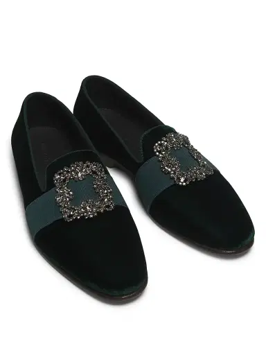 Manolo Blahnik Men's Carlton Crystal-Buckle Loafers - Dark Green Velvet - Size 8.5 | Thumbnail 4