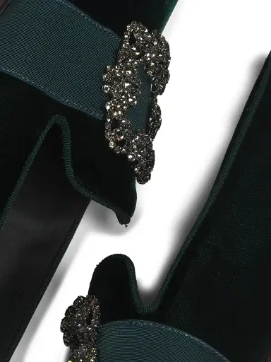 Manolo Blahnik Men's Carlton Crystal-Buckle Loafers - Dark Green Velvet - Size 8.5 | Thumbnail 6