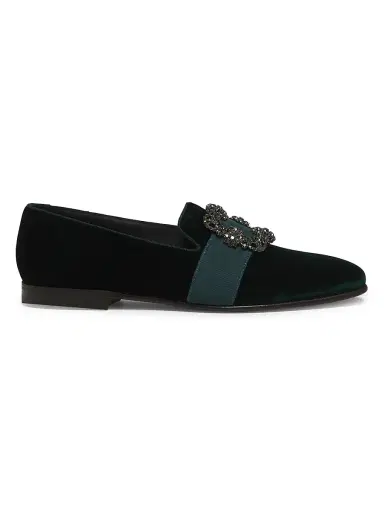 Manolo Blahnik Men's Carlton Crystal-Buckle Loafers - Dark Green Velvet - Size 8.5 | Thumbnail 1
