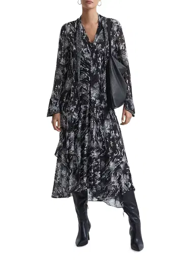 Reiss Women's Callie Printed Tie-Neck Midi-Dress - Black | Thumbnail 2