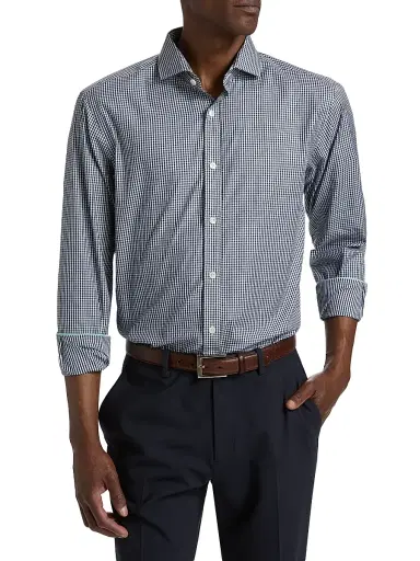Alder & Green Men's Slim-Fit Gingham Cotton Shirt - Blue Stripe - Size 16 | Thumbnail 3