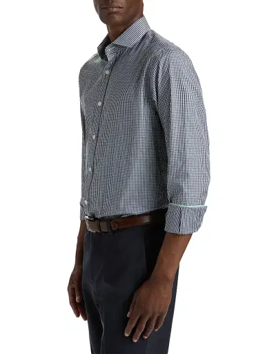 Alder & Green Men's Slim-Fit Gingham Cotton Shirt - Blue Stripe - Size 16 | Thumbnail 4