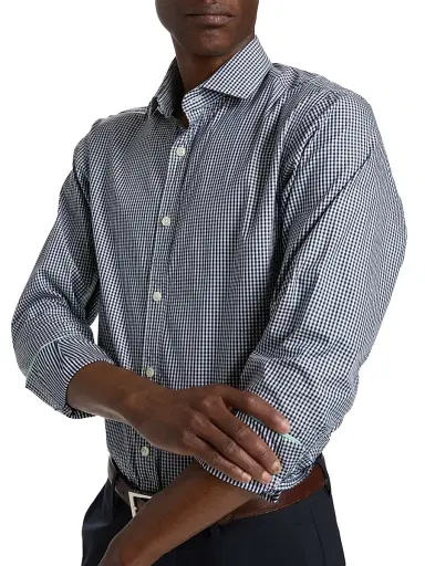 Alder & Green Men's Slim-Fit Gingham Cotton Shirt - Blue Stripe - Size 16 | Thumbnail 6