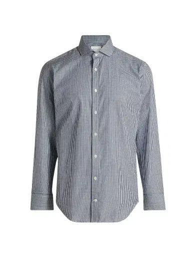 Alder & Green Men's Slim-Fit Gingham Cotton Shirt - Blue Stripe - Size 16 | Thumbnail 1