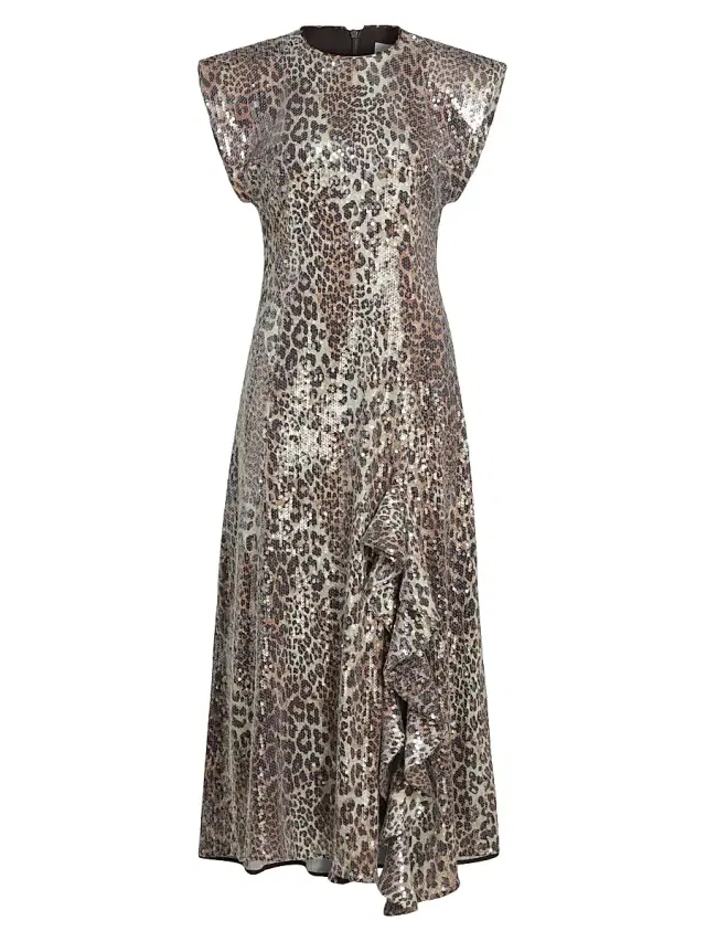 Ganni Women's Sequined Leopard Ruffle Midi-Dress - Leopard