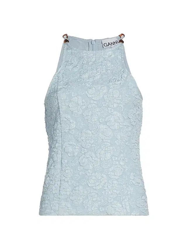 Ganni Women's Beaded Stretch-Jacquard Top - Sky Blue