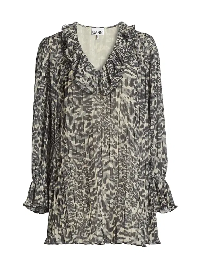 Ganni Women's Animal-Print Georgette V-Neck Minidress - Lemon Icing