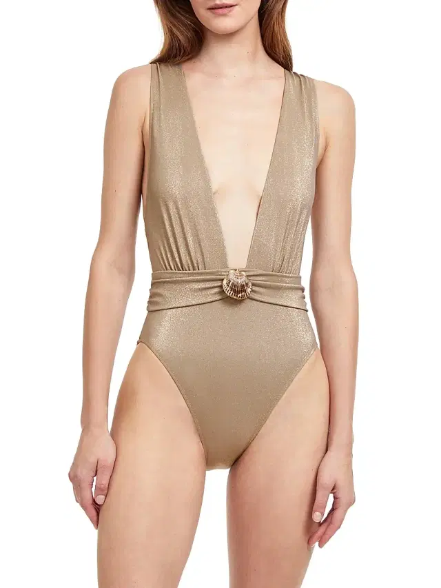 Gottex Swimwear Women's White Sands Metallic Deep Plunge One-Piece Swimsuit - Sand