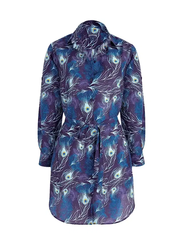 Vilebrequin Women's Eye Of The Wind Feather-Print Cotton-Silk Mini-Shirtdress - Blue