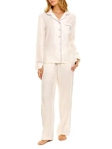 THE LAZY POET Women's Blue Serenity Emma Linen 2-Piece Pajama Set - White - Size Medium | Thumbnail 2