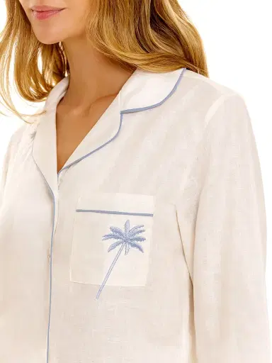 THE LAZY POET Women's Blue Serenity Emma Linen 2-Piece Pajama Set - White - Size Medium | Thumbnail 5