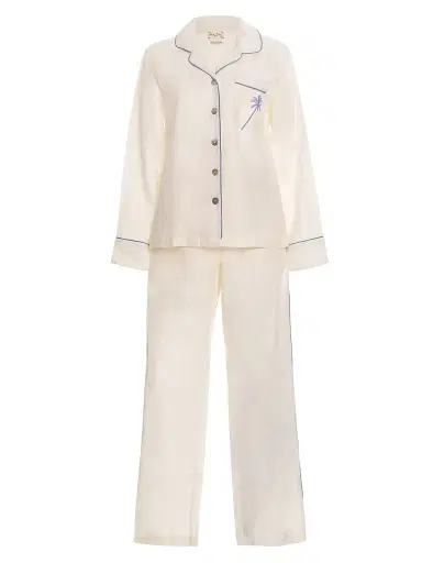 THE LAZY POET Women's Blue Serenity Emma Linen 2-Piece Pajama Set - White - Size Medium | Thumbnail 1