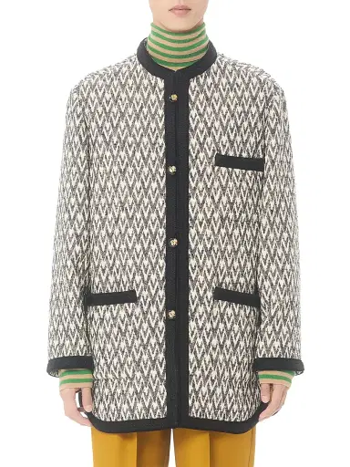 Valentino Garavani Men's Bouclé Wool Jacket with Toute La V Jacquard Pattern - Navy Beige | Thumbnail 2 Valentino Garavani Men's Bouclé Wool Jacket with Toute La V Jacquard Pattern - Navy Beige | Thumbnail 2