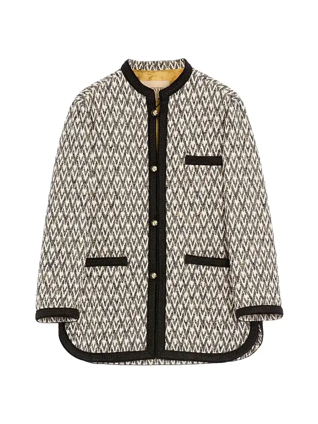 Valentino Garavani Men's Bouclé Wool Jacket with Toute La V Jacquard Pattern - Navy Beige