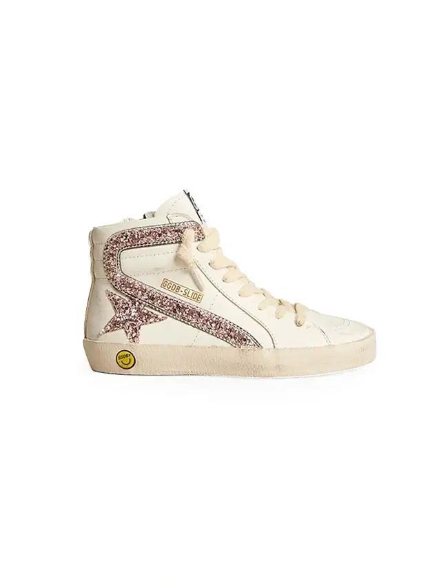 Golden Goose Girl's Glitter-Embellished Leather High-Top Sneakers - White Pink Silver 11 (Child)