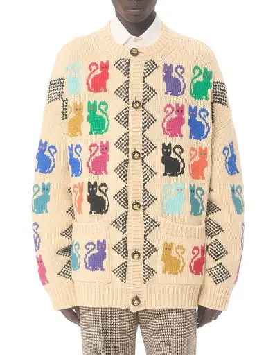 Valentino Garavani Men's Wool Cardigan With Le Chat De La Maison Jacquard Pattern - Size Medium | Thumbnail 2