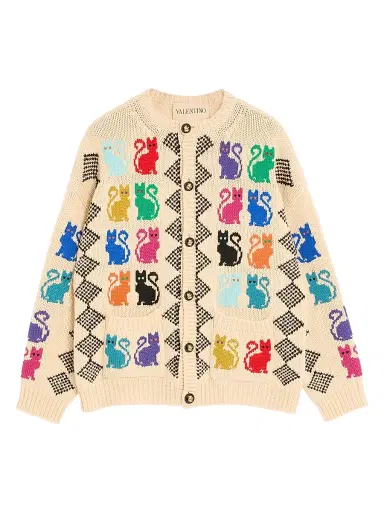 Valentino Garavani Men's Wool Cardigan With Le Chat De La Maison Jacquard Pattern - Size Medium | Thumbnail 1