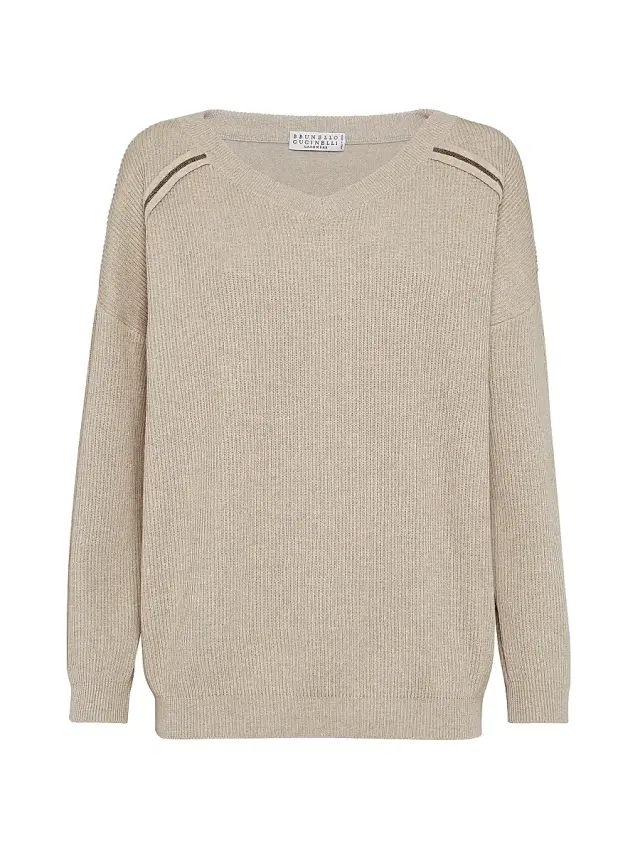 Brunello Cucinelli Women's Cotton English Rib Sweater With Shiny Stripes - Beige