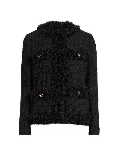 Dolce & Gabbana Women's Boucle Knit Fringe Trim Jacket - Nero - Size 12 | Thumbnail 1