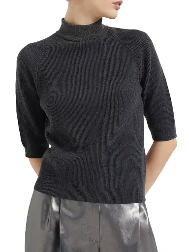 Brunello Cucinelli Women's Cashmere English Rib Sweater with Precious Ribbed Collar - Dark Grey | Thumbnail 2