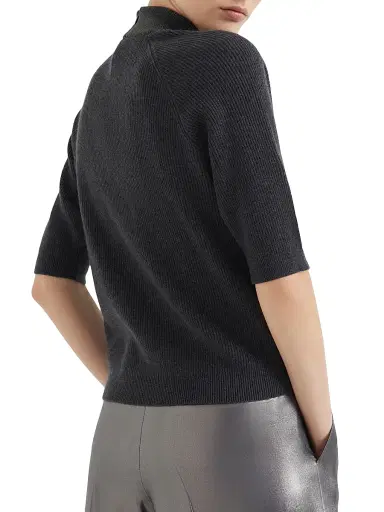 Brunello Cucinelli Women's Cashmere English Rib Sweater with Precious Ribbed Collar - Dark Grey | Thumbnail 3