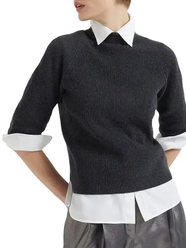 Brunello Cucinelli Women's Cashmere English Rib Sweater with Precious Ribbed Collar - Dark Grey | Thumbnail 4