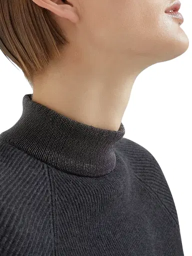 Brunello Cucinelli Women's Cashmere English Rib Sweater with Precious Ribbed Collar - Dark Grey | Thumbnail 5