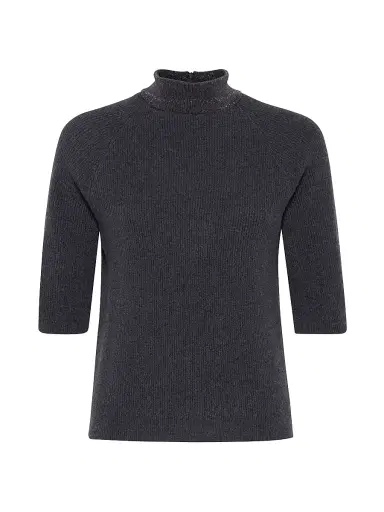 Brunello Cucinelli Women's Cashmere English Rib Sweater with Precious Ribbed Collar - Dark Grey | Thumbnail 1