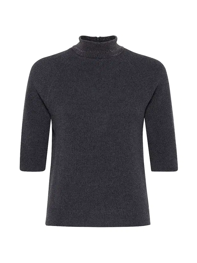 Brunello Cucinelli Women's Cashmere English Rib Sweater with Precious Ribbed Collar - Dark Grey